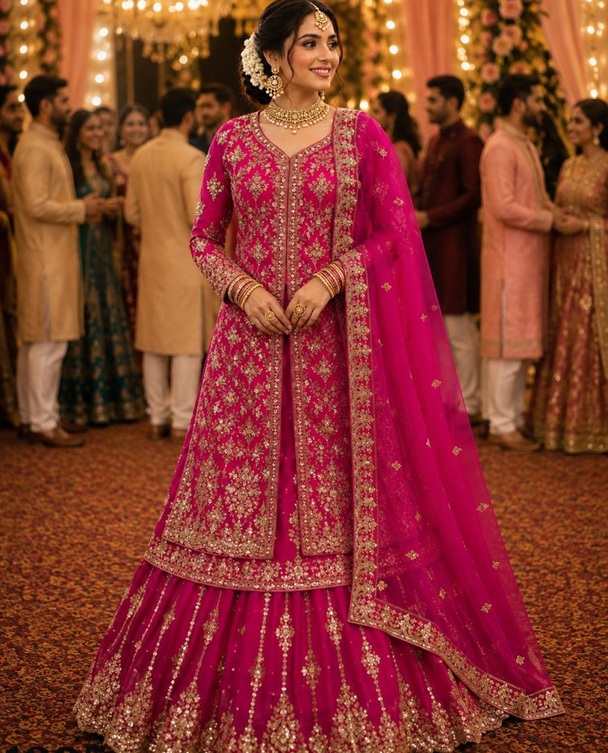 1205 - Pink Embroidered, Sequins and Stone Work Net Lehenga Choli